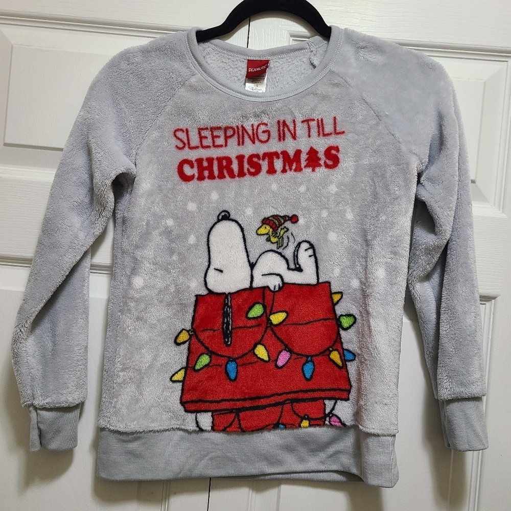 Snoopy Peanuts Holiday Theme Pajamas Top LG SLEEPING IN TILL XMAS